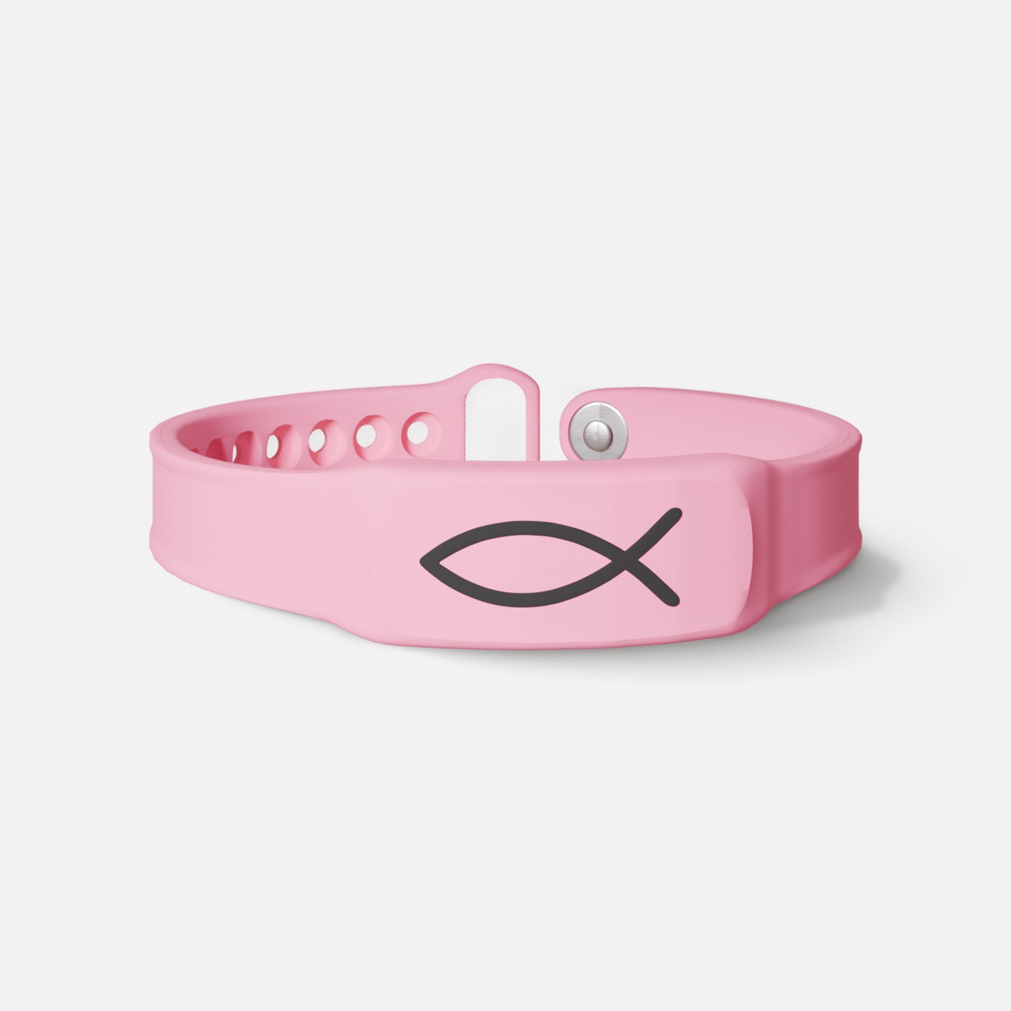 Pink bible verse bracelet with a fish symbol on a white background