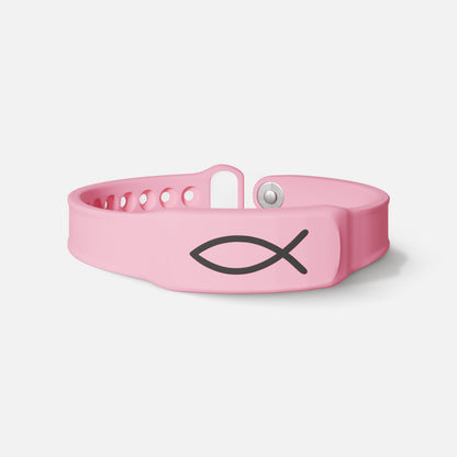 Pink bible verse bracelet with a fish symbol on a white background