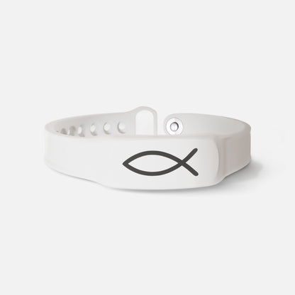 White bible verse bracelet with a fish symbol on a white background
