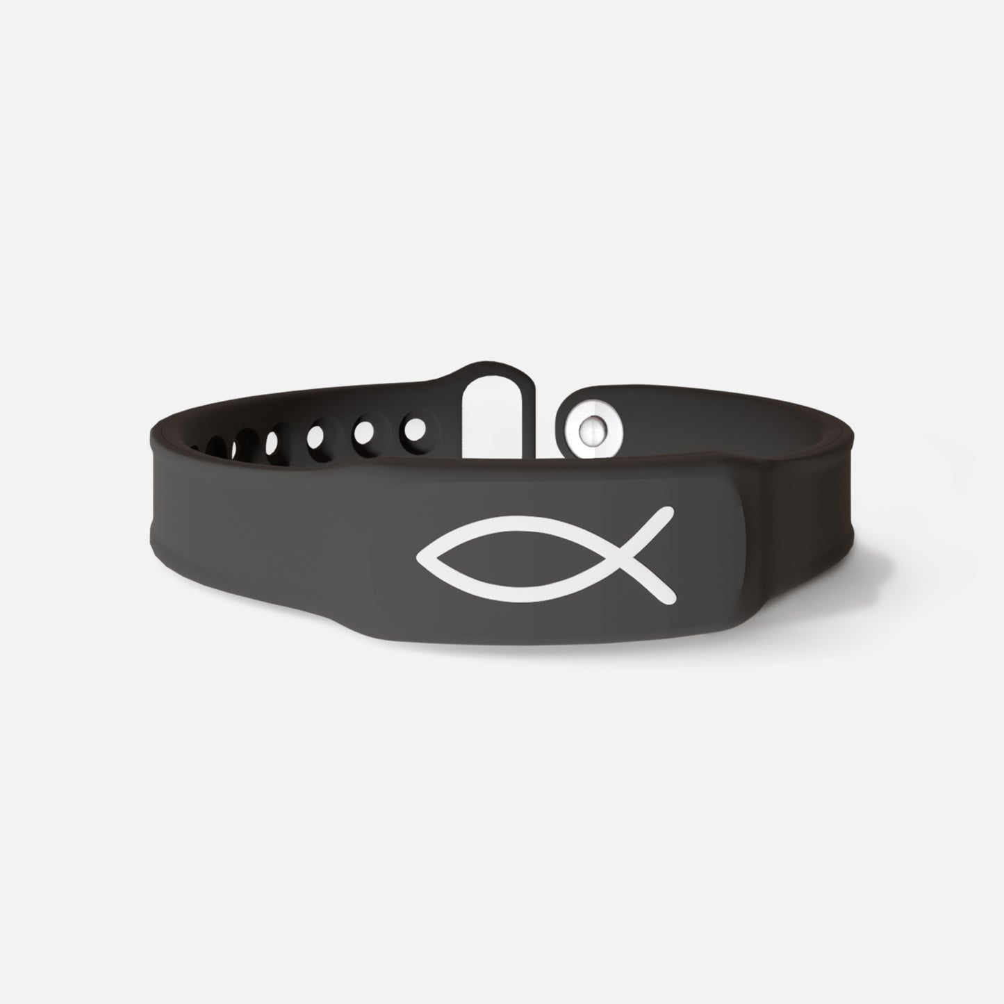 Black bible verse bracelet with a fish symbol on a white background