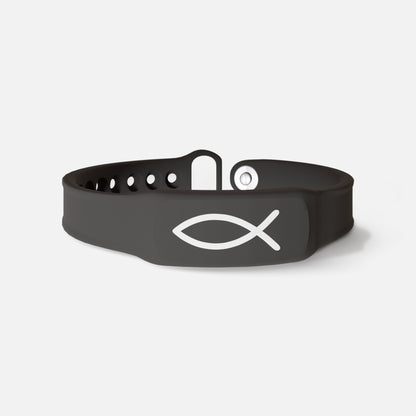 Black bible verse bracelet with a fish symbol on a white background