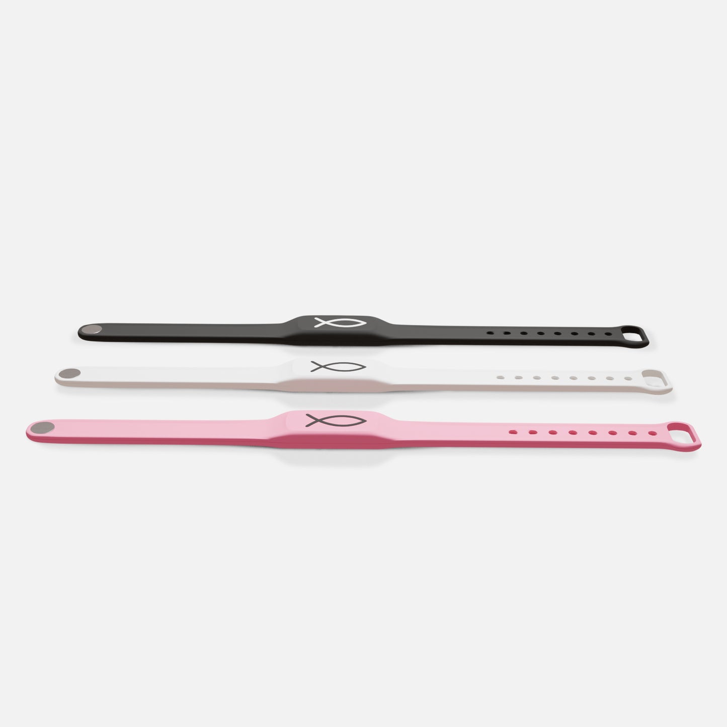 Three bracelets in black, white, and pink on a white background