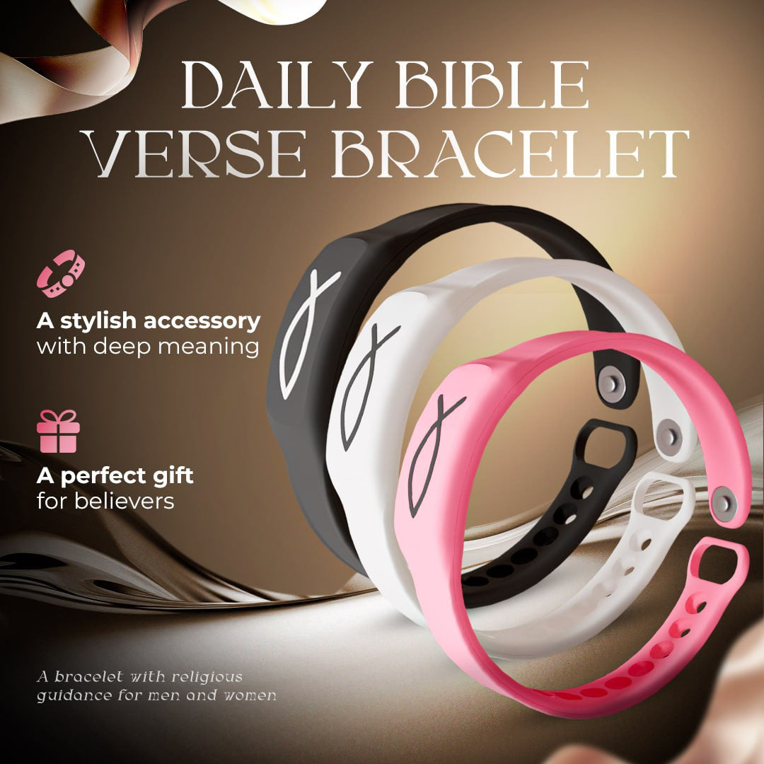 Three Bible verse bracelets in black, white, and pink colors displayed with the text 'DAILY BIBLE VERSE BRACELET' and additional product benefits.